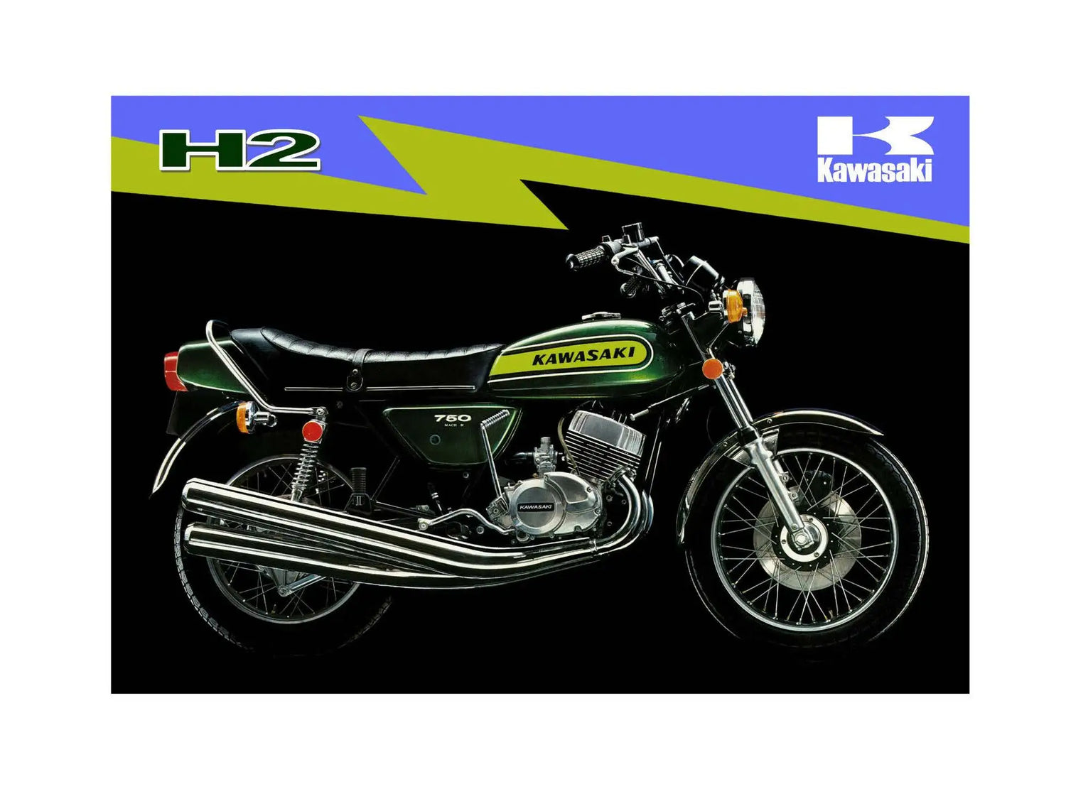 Green and black kawasaki h2 motorcycle with chrome exhaust pipes.